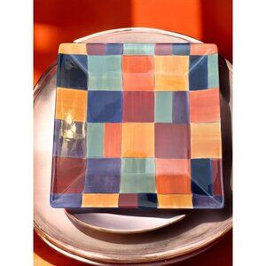 Tabletops Gallery Caracas Hand Painted Square Salad Plate Multicolored Check Blo